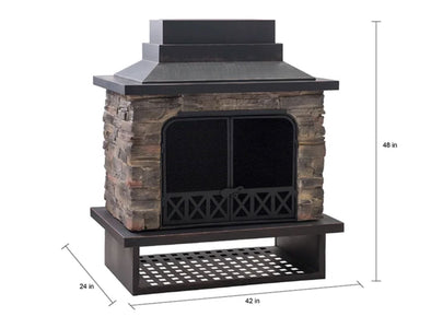 Sunjoy Outdoor 48 in. Black Steel Wood Burning Stone Fireplace with Fire Poker and Removable Grate Fireplace Sunjoy 