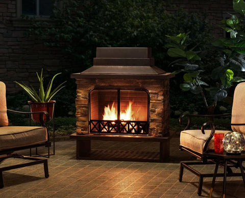 Image of Sunjoy Outdoor 48 in. Black Steel Wood Burning Stone Fireplace with Fire Poker and Removable Grate Fireplace Sunjoy 
