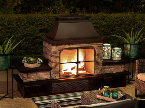 Image of Sunjoy Outdoor 48 in. Steel Wood Burning Stone Fireplace with Fire Poker and Removable Grate Fireplace Sunjoy 