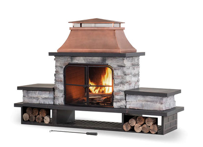 Sunjoy Outdoor 48 in. Steel Wood Burning Stone Fireplace with Fire Poker and Removable Grate Fireplace Sunjoy SandyBrown 